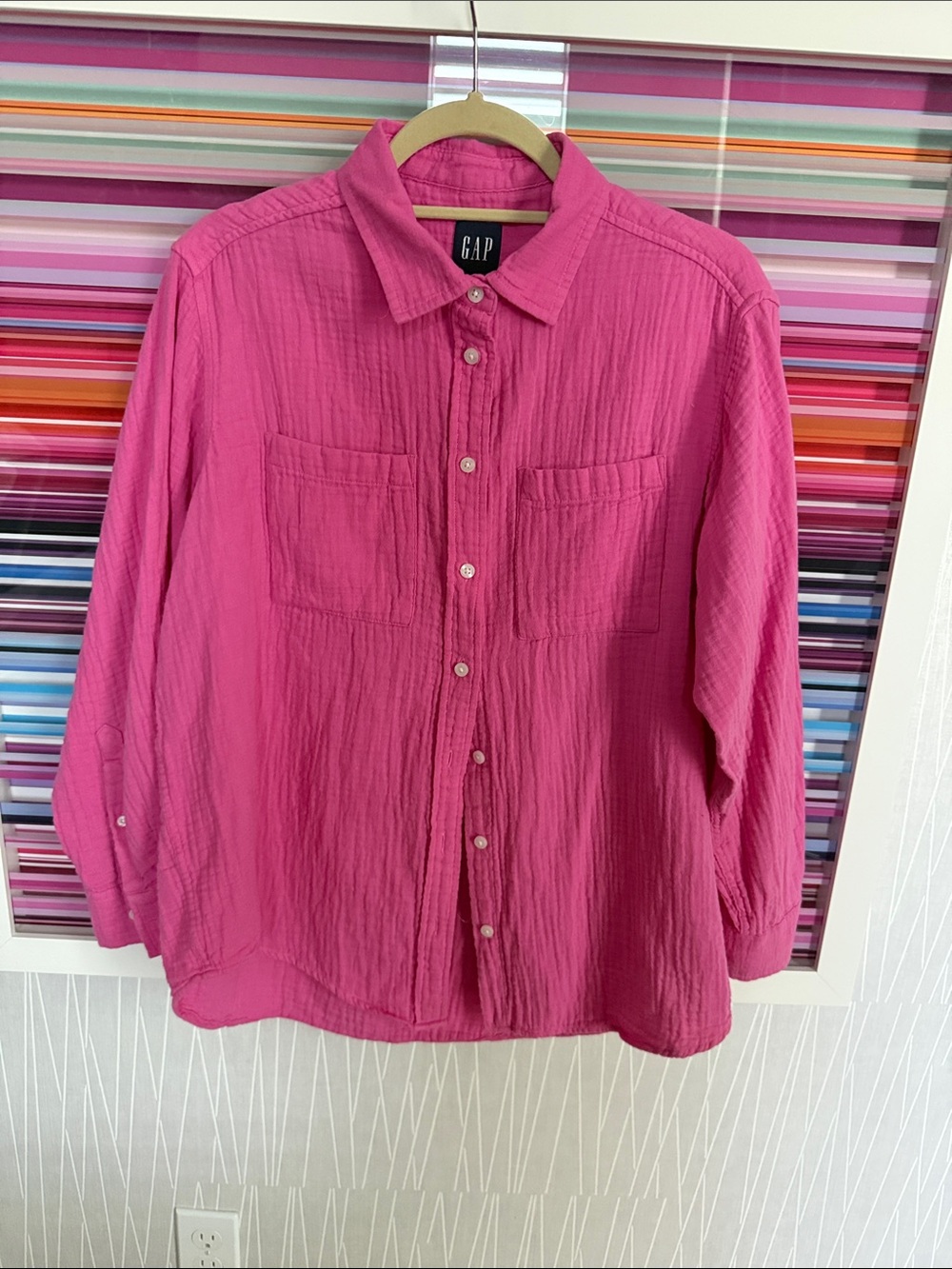 GAP Cotton Gauze Bright Pink Long-Sleeve Button-Down Shirt
